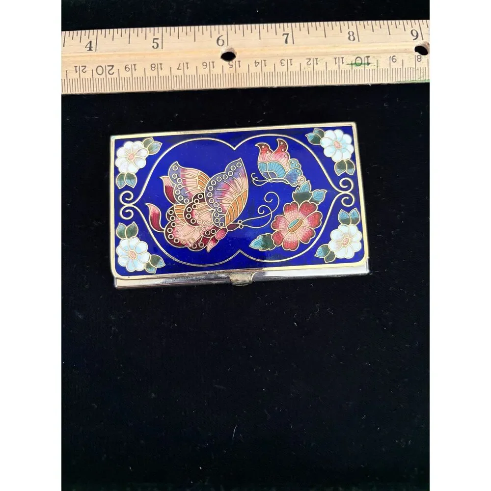 Vintage chinese Cloisonne Enamel Butterfly and floral Design card holder
